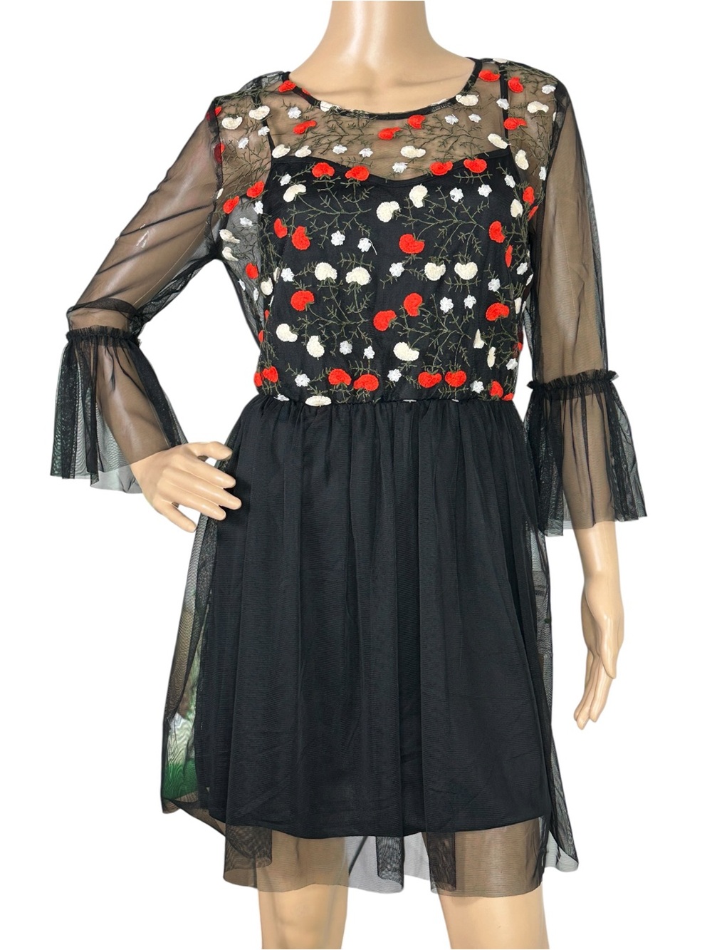Takara Embroidered Floral Black Mesh Dress with Red & Cream Flowers NWT Large